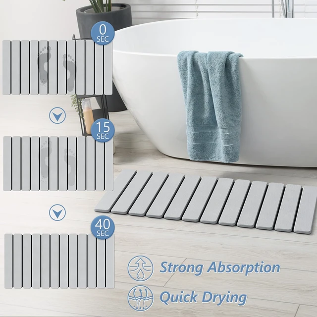 Alt view image 2 of 7 - Foldable Stone Bath Mat, Diatomaceous, 31.5"x15.7", Light Grey | Quick-dry surface, super absorbent, easy-clean finish, non-slip mat included, and compact storage for small bathrooms