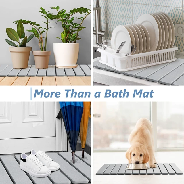 Alt view image 7 of 7 - Foldable Stone Bath Mat, Diatomaceous, 31.5"x15.7", Light Grey | Quick-dry surface, super absorbent, easy-clean finish, non-slip mat included, and compact storage for small bathrooms