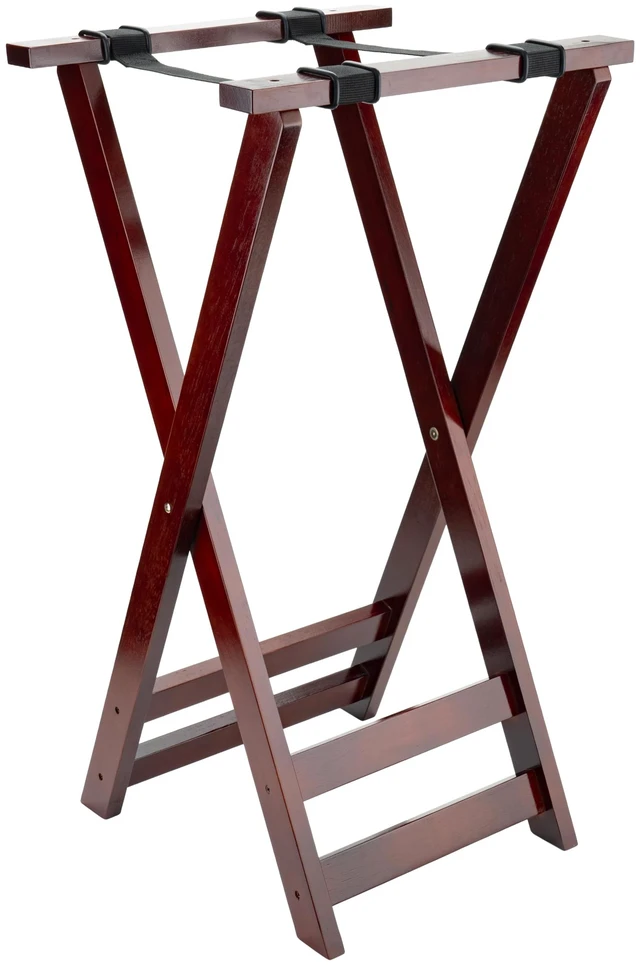 Main image of TSW-103 31.5" Tall Folding Mahogany Wood Tray Stand (Qty,1) | Folds flat for storage, Supports heavy trays, Catering service, Great for Dining Rooms and Banquets