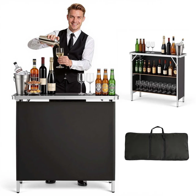 Main image of Folding Portable Bar Table, 38.6 x 15.2 x 34.3 in, with Carry Bag, Storage Shelf, and Detachable Skirt, Quick and Easy Setup, Foldable Mobile Bartending Station for Events, Party, Tradeshow
