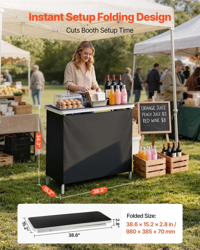 Alt view image 2 of 7 - Folding Portable Bar Table, 38.6 x 15.2 x 34.3 in, with Carry Bag, Storage Shelf, and Detachable Skirt, Quick and Easy Setup, Foldable Mobile Bartending Station for Events, Party, Tradeshow