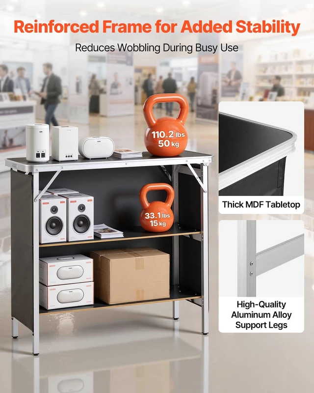 Alt view image 4 of 7 - Folding Portable Bar Table, 38.6 x 15.2 x 34.3 in, with Carry Bag, Storage Shelf, and Detachable Skirt, Quick and Easy Setup, Foldable Mobile Bartending Station for Events, Party, Tradeshow