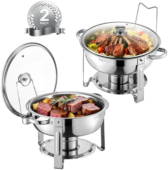 Main image of Chafing Dish Buffet Set,5 Qt 2 Pack,Stainless Steel Chafer with 2 Full Size Pan,Round Catering Warmer Server with Glass Lid Water Pan Folding Stand Fuel Holder, for Wedding Party Banquet, Silver