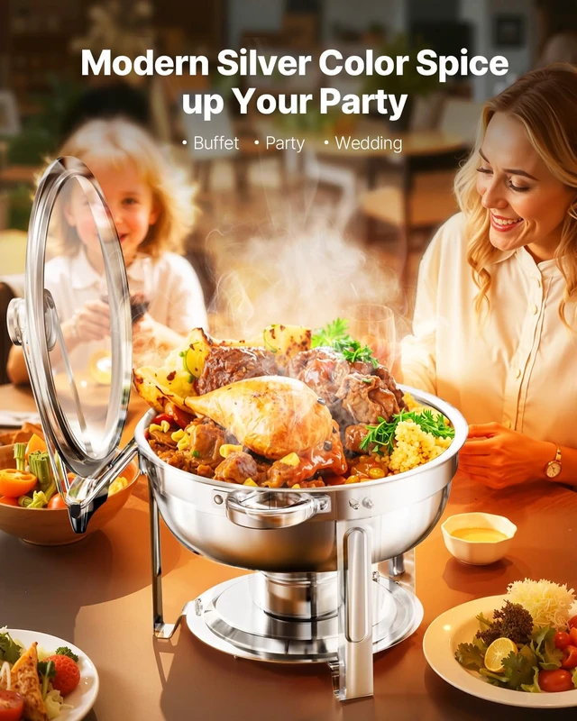 Alt view image 2 of 7 - Chafing Dish Buffet Set,5 Qt 2 Pack,Stainless Steel Chafer with 2 Full Size Pan,Round Catering Warmer Server with Glass Lid Water Pan Folding Stand Fuel Holder, for Wedding Party Banquet, Silver