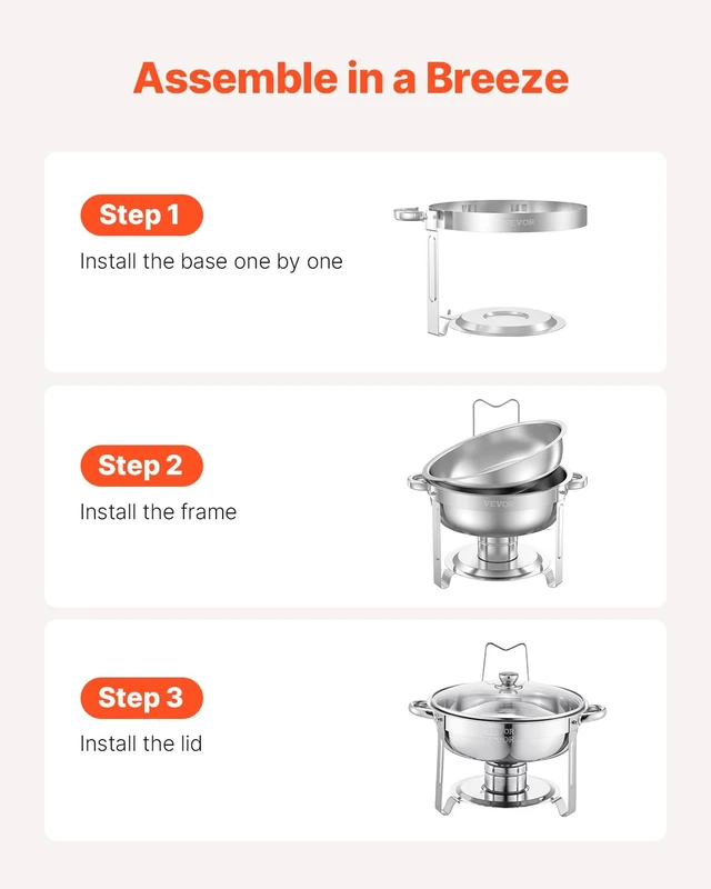 Alt view image 5 of 7 - Chafing Dish Buffet Set,5 Qt 2 Pack,Stainless Steel Chafer with 2 Full Size Pan,Round Catering Warmer Server with Glass Lid Water Pan Folding Stand Fuel Holder, for Wedding Party Banquet, Silver