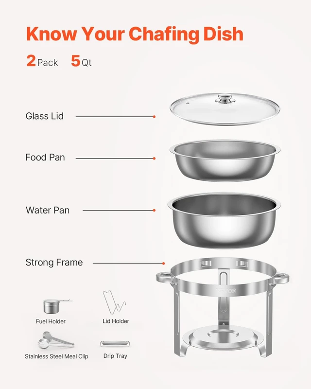 Alt view image 6 of 7 - Chafing Dish Buffet Set,5 Qt 2 Pack,Stainless Steel Chafer with 2 Full Size Pan,Round Catering Warmer Server with Glass Lid Water Pan Folding Stand Fuel Holder, for Wedding Party Banquet, Silver
