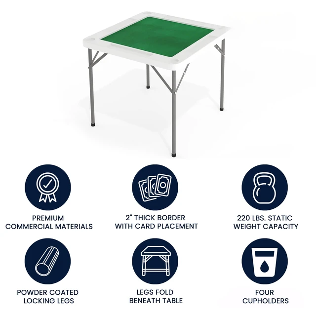 Alt view image 3 of 7 - 34.5" White Folding Card Game Table | 4-Player, Cup Holders, Green Playing Surface, Portable