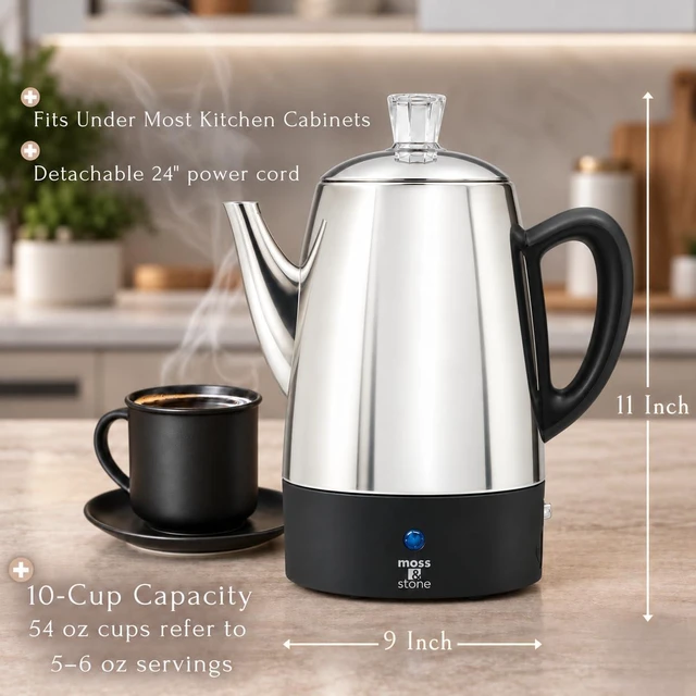 Alt view image 3 of 7 - 10 Cup Electric Percolator Coffee Pot, Stainless Steel | Coffee percolator electric keep warm function, removable basket, classic perculator design, ideal for home or office