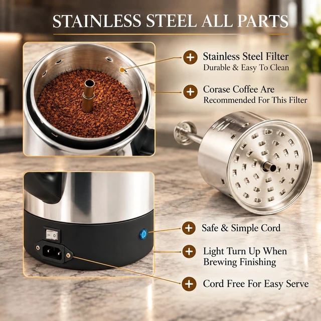 Alt view image 2 of 7 - 10 Cup Electric Percolator Coffee Pot, Stainless Steel | Coffee percolator electric keep warm function, removable basket, classic perculator design, ideal for home or office