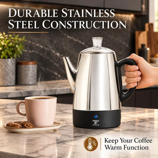 Alt view image 4 of 7 - 10 Cup Electric Percolator Coffee Pot, Stainless Steel | Coffee percolator electric keep warm function, removable basket, classic perculator design, ideal for home or office