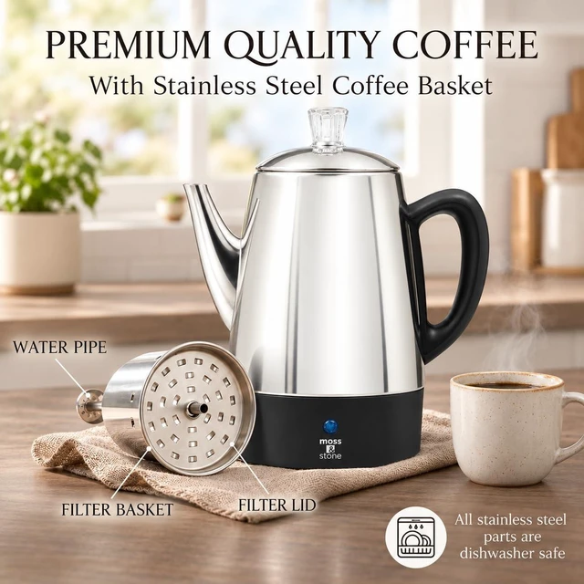 Alt view image 6 of 7 - 10 Cup Electric Percolator Coffee Pot, Stainless Steel | Coffee percolator electric keep warm function, removable basket, classic perculator design, ideal for home or office