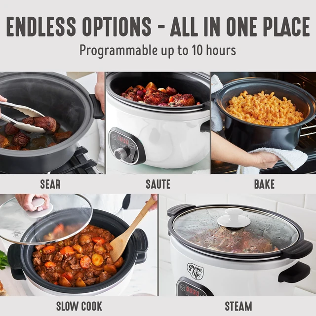 Alt view image 2 of 7 - 8QT Ceramic Nonstick Slow Cooker, Cooktop/Oven Safe, White | PFAS-Free Nonstick Removeable Inner Pot, Dishwasher Safe Components, Programmable, Keep Warm, Delay Timer, Extra Large