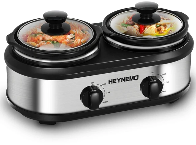 Main image of Double Slow Cooker Buffet Server, 2 x1.25 QT Dual Ceramic Pots Food Warmer with Individual Temp Controls, Dishwasher-Safe Pots & Glass Lids for Parties, Dips, Taaco Night, Silver