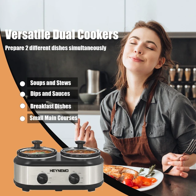 Alt view image 2 of 7 - Double Slow Cooker Buffet Server, 2 x1.25 QT Dual Ceramic Pots Food Warmer with Individual Temp Controls, Dishwasher-Safe Pots & Glass Lids for Parties, Dips, Taaco Night, Silver