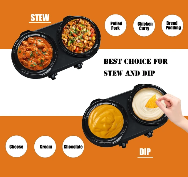 Alt view image 3 of 7 - Double Slow Cooker Buffet Server, 2 x1.25 QT Dual Ceramic Pots Food Warmer with Individual Temp Controls, Dishwasher-Safe Pots & Glass Lids for Parties, Dips, Taaco Night, Silver