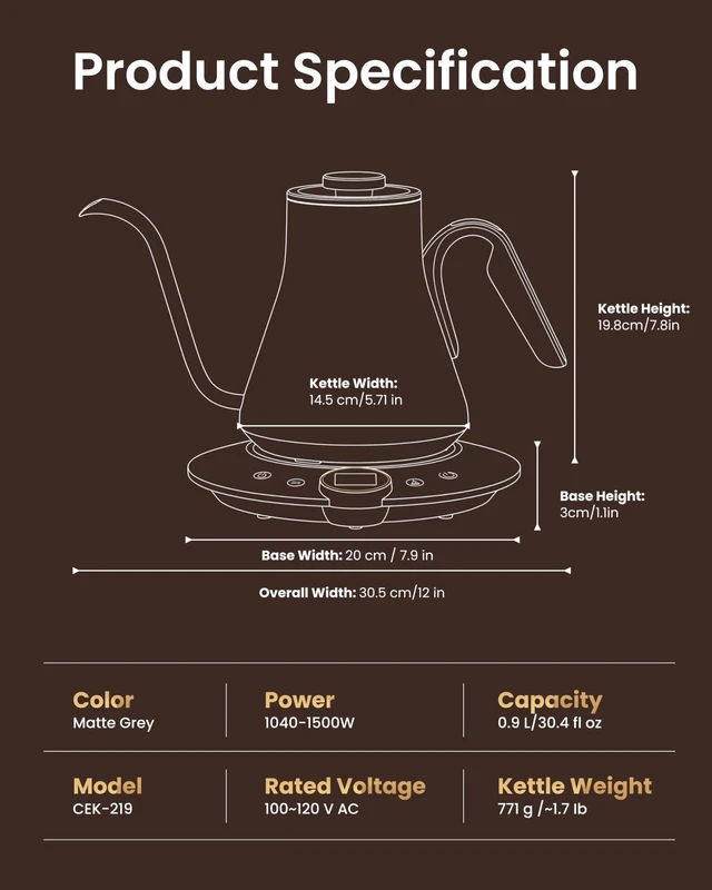 Alt view image 2 of 7 - Gooseneck Electric Kettle with ±1 Temperature Control 0.9 Liter | 1500W Quick Heating, Stainless Steel Inner, Pour Over Coffee & Tea, Keep Warm, Auto Shut-Off, Built-in Brew Timer, Matte Grey