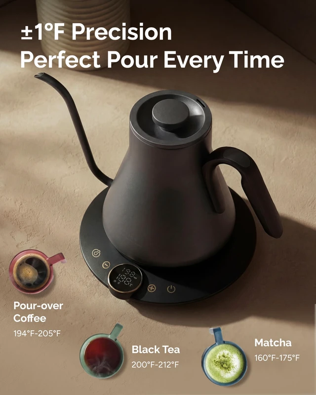 Alt view image 3 of 7 - Gooseneck Electric Kettle with ±1 Temperature Control 0.9 Liter | 1500W Quick Heating, Stainless Steel Inner, Pour Over Coffee & Tea, Keep Warm, Auto Shut-Off, Built-in Brew Timer, Matte Grey