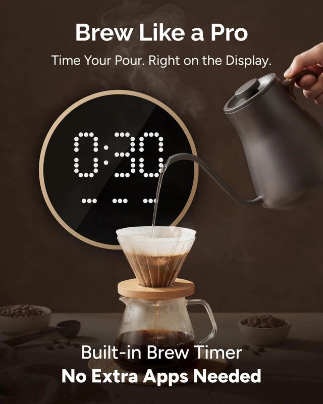 Alt view image 5 of 7 - Gooseneck Electric Kettle with ±1 Temperature Control 0.9 Liter | 1500W Quick Heating, Stainless Steel Inner, Pour Over Coffee & Tea, Keep Warm, Auto Shut-Off, Built-in Brew Timer, Matte Grey