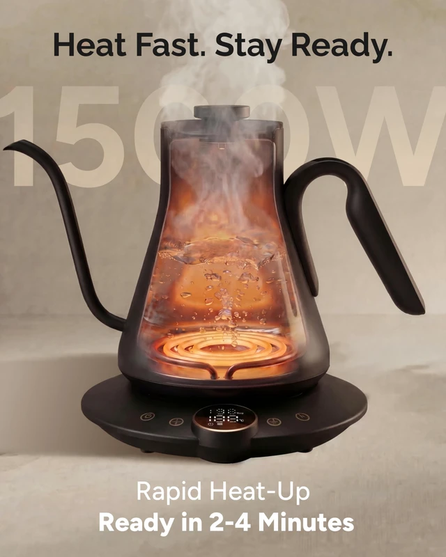Alt view image 6 of 7 - Gooseneck Electric Kettle with ±1 Temperature Control 0.9 Liter | 1500W Quick Heating, Stainless Steel Inner, Pour Over Coffee & Tea, Keep Warm, Auto Shut-Off, Built-in Brew Timer, Matte Grey