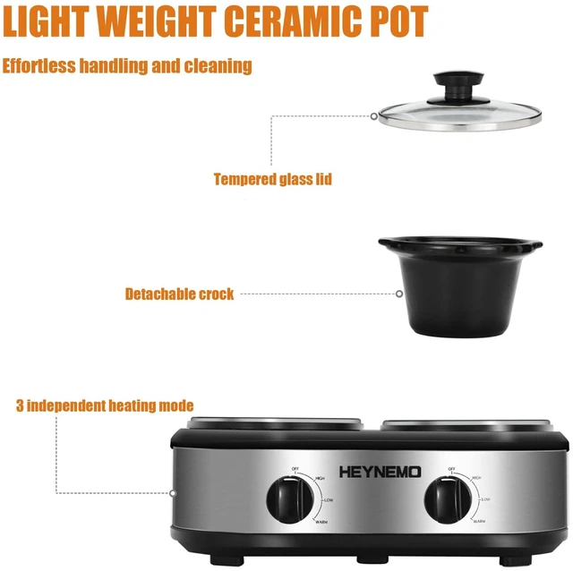 Alt view image 4 of 7 - Double Slow Cooker Buffet Server, 2 x1.25 QT Dual Ceramic Pots Food Warmer with Individual Temp Controls, Dishwasher-Safe Pots & Glass Lids for Parties, Dips, Taaco Night, Silver