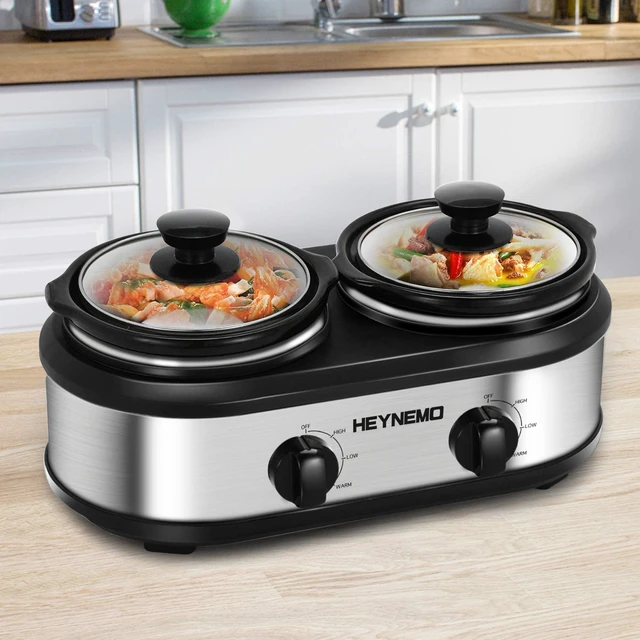 Alt view image 7 of 7 - Double Slow Cooker Buffet Server, 2 x1.25 QT Dual Ceramic Pots Food Warmer with Individual Temp Controls, Dishwasher-Safe Pots & Glass Lids for Parties, Dips, Taaco Night, Silver