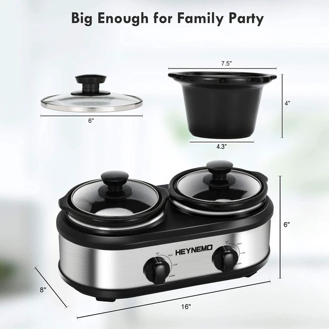 Alt view image 6 of 7 - Double Slow Cooker Buffet Server, 2 x1.25 QT Dual Ceramic Pots Food Warmer with Individual Temp Controls, Dishwasher-Safe Pots & Glass Lids for Parties, Dips, Taaco Night, Silver