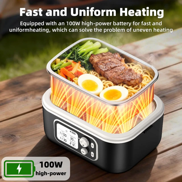 Alt view image 3 of 7 - Cordless Electric Heated Lunch Box for Adults, XL 6.3-Cups Rechargeable Battery Powered Smart Self Heating Lunchbox for Men Women, 100W Food Warmer for Trucks Driver Travel Office Worker