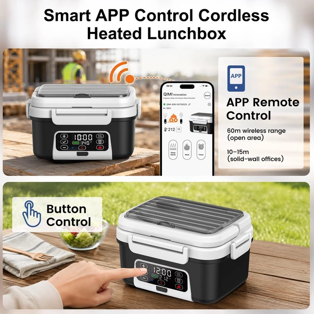 Alt view image 2 of 7 - APP Control Cordless Electric Heated Lunch Box, 1.5L - 6.3 Cups 100W Rechargeable Smart Self-Heating Food Warmer with Removable Divider, Spoon, Fork, BPA Free, Portable Lunchbox for Car Travel Office