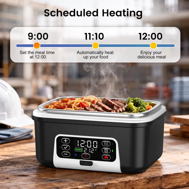 Alt view image 3 of 7 - APP Control Cordless Electric Heated Lunch Box, 1.5L - 6.3 Cups 100W Rechargeable Smart Self-Heating Food Warmer with Removable Divider, Spoon, Fork, BPA Free, Portable Lunchbox for Car Travel Office