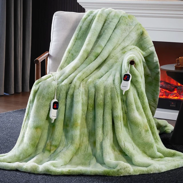 Main image of Heated Blanket, Soft Faux Rabbit Fur Electric Throw, 90"×100" | Electric Blanket with 10 Heating Levels 5 Setting Timer Auto Off, Cozy Warm Heating Blankets, Machine Washable, LightGreen