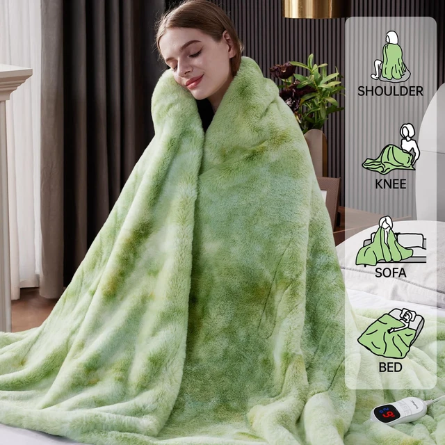 Alt view image 2 of 6 - Heated Blanket, Soft Faux Rabbit Fur Electric Throw, 90"×100" | Electric Blanket with 10 Heating Levels 5 Setting Timer Auto Off, Cozy Warm Heating Blankets, Machine Washable, LightGreen