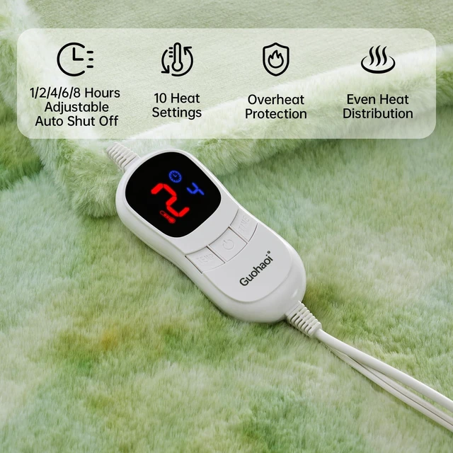 Alt view image 4 of 6 - Heated Blanket, Soft Faux Rabbit Fur Electric Throw, 90"×100" | Electric Blanket with 10 Heating Levels 5 Setting Timer Auto Off, Cozy Warm Heating Blankets, Machine Washable, LightGreen