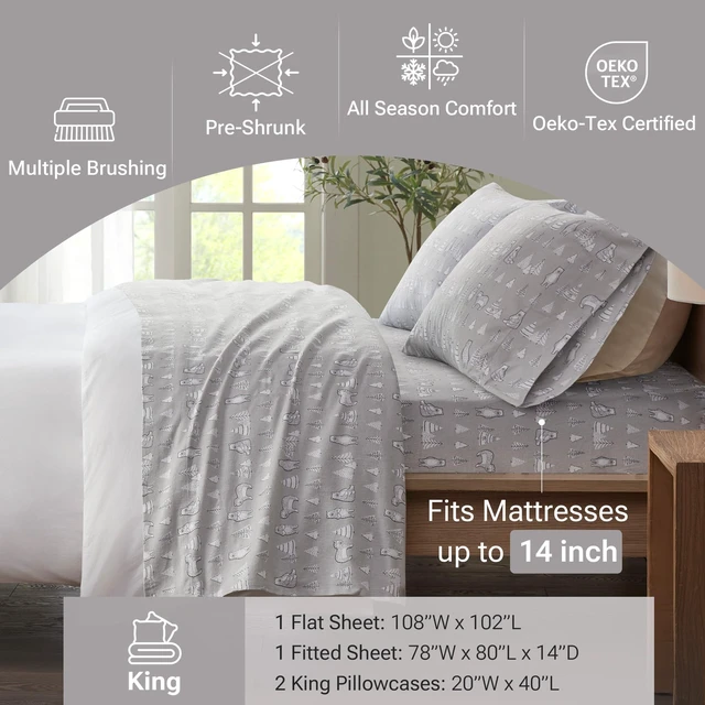 Alt view image 4 of 7 - Cozy Flannel Sheets 100% Cotton, King Sheet Set, 4 Piece | Warm Flannel Bed Set, Ultra Soft Cold Weather Bedding, Deep Pocket Fits up to 14" Mattress, Novelty Print Bear