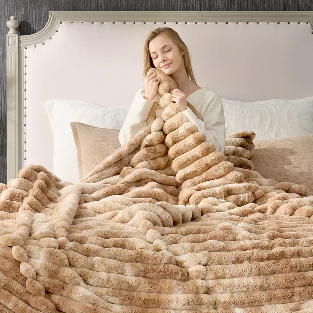 Alt view image 4 of 7 - Faux Fur Throw Blanket for Couch, Cozy Warm Plush Striped Blanket for Sofa Bedroom Living Room, 108 * 90 Inches Tie-dye Khaki