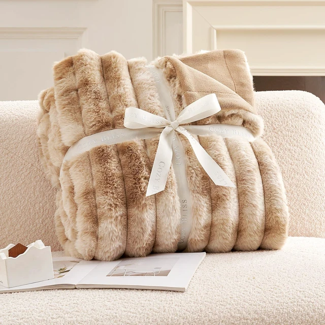 Alt view image 5 of 7 - Faux Fur Throw Blanket for Couch, Cozy Warm Plush Striped Blanket for Sofa Bedroom Living Room, 108 * 90 Inches Tie-dye Khaki
