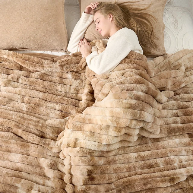 Alt view image 7 of 7 - Faux Fur Throw Blanket for Couch, Cozy Warm Plush Striped Blanket for Sofa Bedroom Living Room, 108 * 90 Inches Tie-dye Khaki