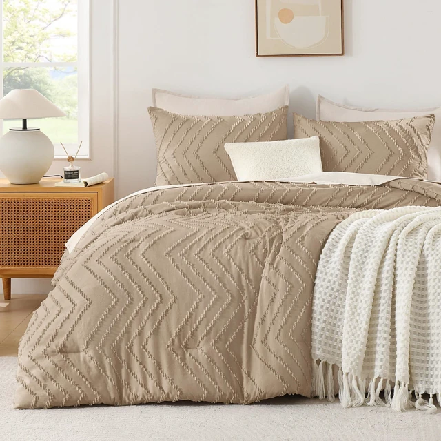Main image of Taupe Comforter Set Queen Size, 3 Pieces Boho Bed Set | Soft Warm Bedding Comforter Sets for Queen Size Bed, Aesthetic Chevron Cute Bohemian Textured Lightweight Bedding Set