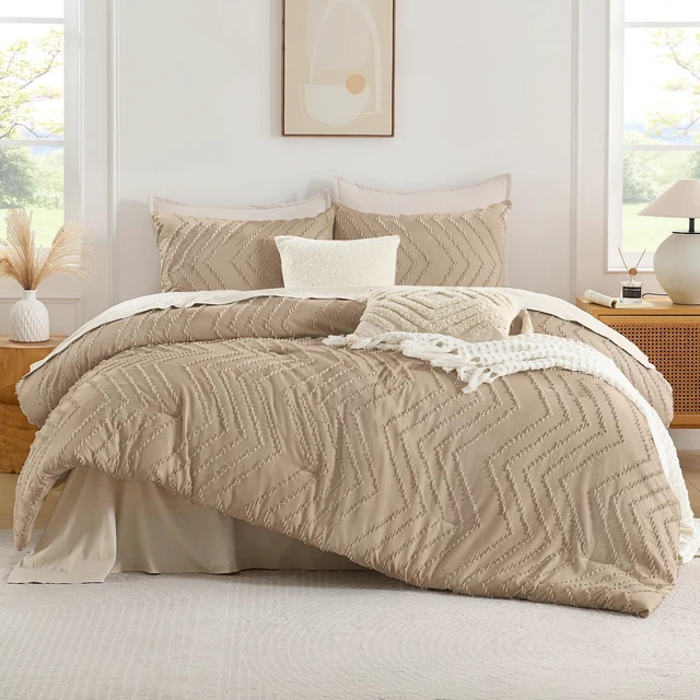 Alt view image 2 of 7 - Taupe Comforter Set Queen Size, 3 Pieces Boho Bed Set | Soft Warm Bedding Comforter Sets for Queen Size Bed, Aesthetic Chevron Cute Bohemian Textured Lightweight Bedding Set