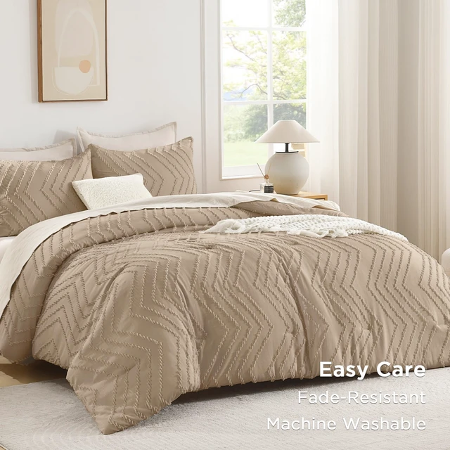 Alt view image 3 of 7 - Taupe Comforter Set Queen Size, 3 Pieces Boho Bed Set | Soft Warm Bedding Comforter Sets for Queen Size Bed, Aesthetic Chevron Cute Bohemian Textured Lightweight Bedding Set