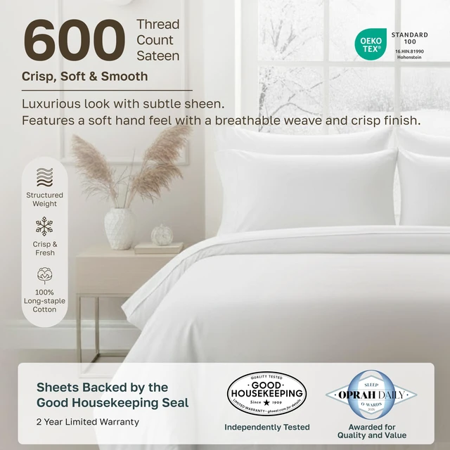Alt view image 2 of 7 - Luxury 600 Thread Count King Sheets, 4 Pcs Set, Cream | 100% Cotton Sateen Backed by Good Housekeeping Seal, Soft & Smooth, 16" Deep Pocket, All-Around Elastic - Cream (Warm Ivory)