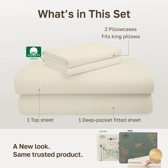 Alt view image 3 of 7 - Luxury 600 Thread Count King Sheets, 4 Pcs Set, Cream | 100% Cotton Sateen Backed by Good Housekeeping Seal, Soft & Smooth, 16" Deep Pocket, All-Around Elastic - Cream (Warm Ivory)