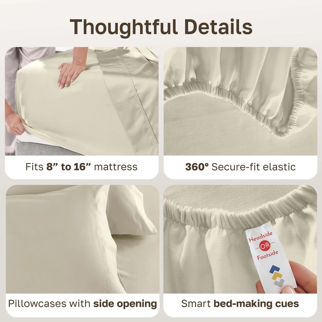Alt view image 5 of 7 - Luxury 600 Thread Count King Sheets, 4 Pcs Set, Cream | 100% Cotton Sateen Backed by Good Housekeeping Seal, Soft & Smooth, 16" Deep Pocket, All-Around Elastic - Cream (Warm Ivory)