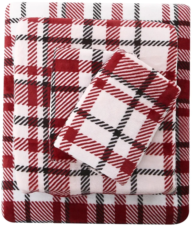Main image of Plush Microfleece King Bed Sheet Set, Red Buffalo Plaid | Soft Flannel-like Fleece, 100% Polyester, Fluffy Velvety Feel, 200GSM, 15" Deep Pocket, Warm Winter Gift & Decor