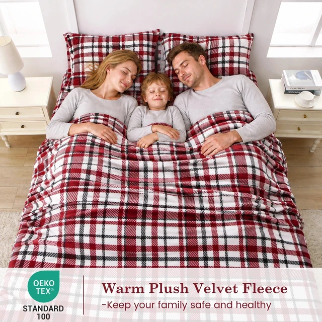 Alt view image 5 of 7 - Plush Microfleece King Bed Sheet Set, Red Buffalo Plaid | Soft Flannel-like Fleece, 100% Polyester, Fluffy Velvety Feel, 200GSM, 15" Deep Pocket, Warm Winter Gift & Decor