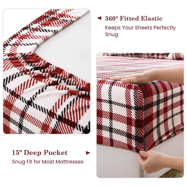 Alt view image 4 of 7 - Plush Microfleece King Bed Sheet Set, Red Buffalo Plaid | Soft Flannel-like Fleece, 100% Polyester, Fluffy Velvety Feel, 200GSM, 15" Deep Pocket, Warm Winter Gift & Decor