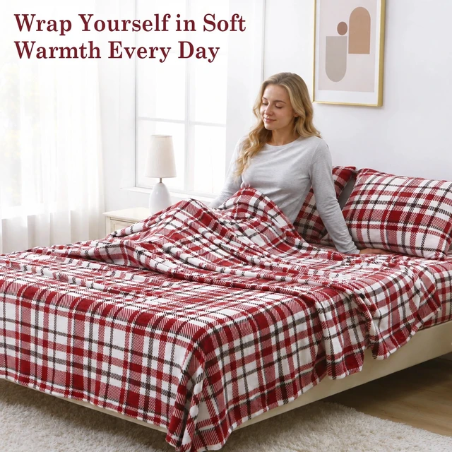 Alt view image 6 of 7 - Plush Microfleece King Bed Sheet Set, Red Buffalo Plaid | Soft Flannel-like Fleece, 100% Polyester, Fluffy Velvety Feel, 200GSM, 15" Deep Pocket, Warm Winter Gift & Decor