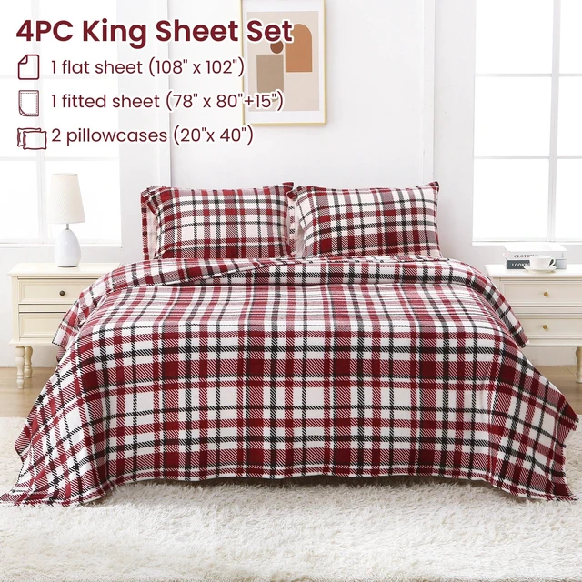 Alt view image 7 of 7 - Plush Microfleece King Bed Sheet Set, Red Buffalo Plaid | Soft Flannel-like Fleece, 100% Polyester, Fluffy Velvety Feel, 200GSM, 15" Deep Pocket, Warm Winter Gift & Decor