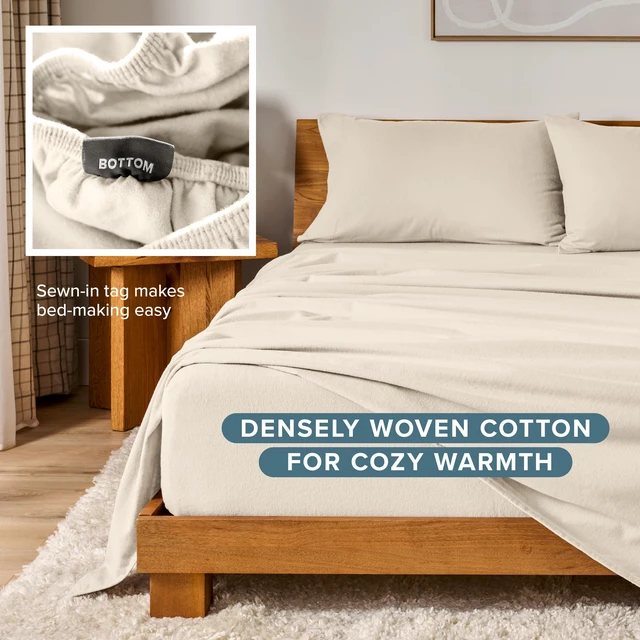 Alt view image 6 of 7 - Queen Flannel Sheet Set 100% Cotton (Queen, Sand) | Premium 100% Cotton, Velvety Soft Heavyweight, Double Brushed Flannel, Deep Pockets 6 to 15 Inches, Warm & Cozy