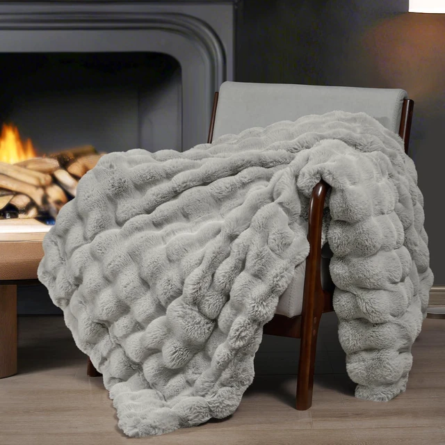 Alt view image 2 of 7 - Warm Faux Fur Throw Blanket, Ultra Soft Cozy, 50"x60", Light Grey | Luxury Fluffy Plush Bubble Blanket for Bed, Couch, Chair, Sofa Decorative, Thick Reversible Throw Suitable for Fall & Winter