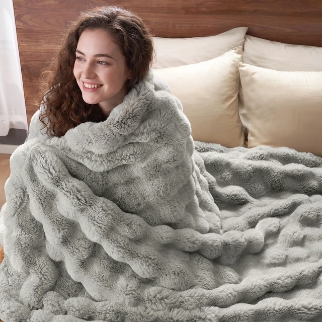 Alt view image 4 of 7 - Warm Faux Fur Throw Blanket, Ultra Soft Cozy, 50"x60", Light Grey | Luxury Fluffy Plush Bubble Blanket for Bed, Couch, Chair, Sofa Decorative, Thick Reversible Throw Suitable for Fall & Winter